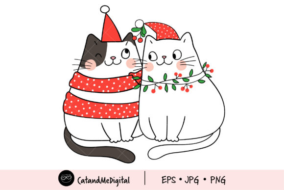 Christmas Cat with Mistletoe Clipart: Festive Illustrations