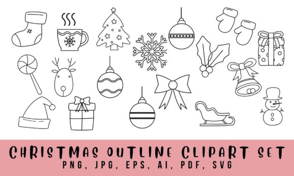 Christmas Elements Outline Clipart Set: Festive Illustrations