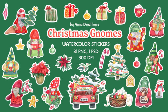 Christmas Gnomes Watercolor Stickers: Festive Illustrations