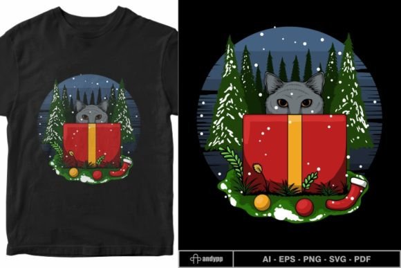 Merry Christmas Kitten Gift Box Vector: Holiday Illustrations