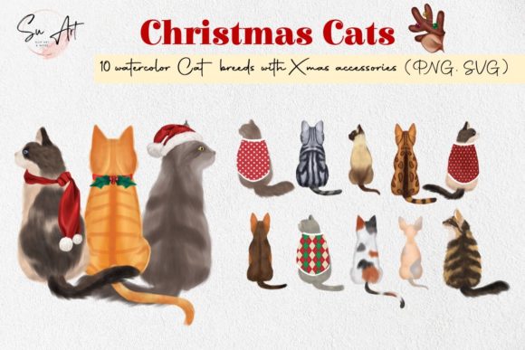 Watercolor Cat Breeds Christmas Outfits: Festive Illustrations