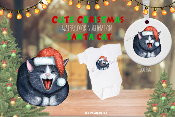 Watercolor Santa Cat: Festive Illustrations for Design